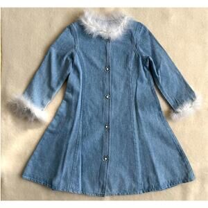 Vintage 90s Swing Coat Girls Size 8 Blue White Faux Fur Collar Floral Buttons